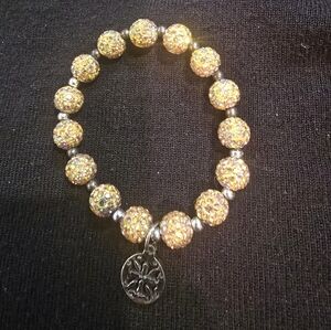 Rustic Cuff Gold Crystal Bead Stretch Bracelet with Charm